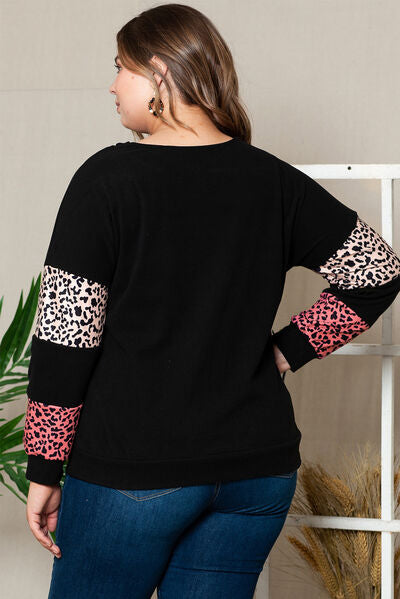 Plus Size Women Leopard Dropped Shoulder Long Sleeve T-Shirt