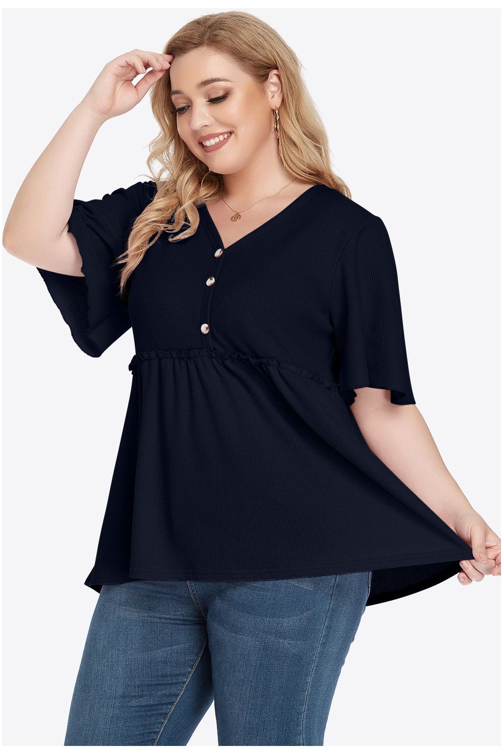 Plus Size Women Buttoned V-Neck Frill Trim Babydoll Blouse nicholesgifts