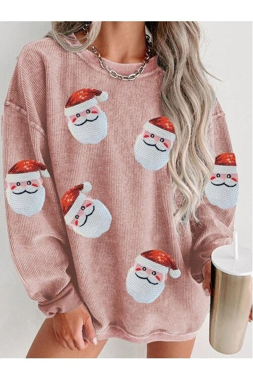 Women Sequin Santa Patch Ribbed Christmas Sweatshirt nicholesgifts