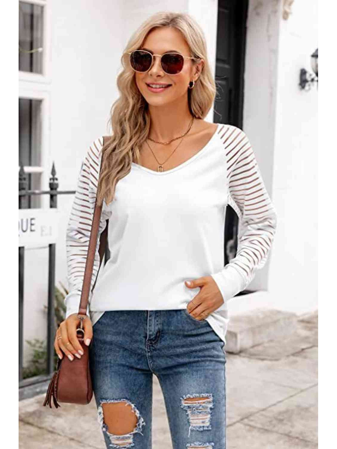 Women V-Neck Long Raglan Sleeve Top nicholesgifts