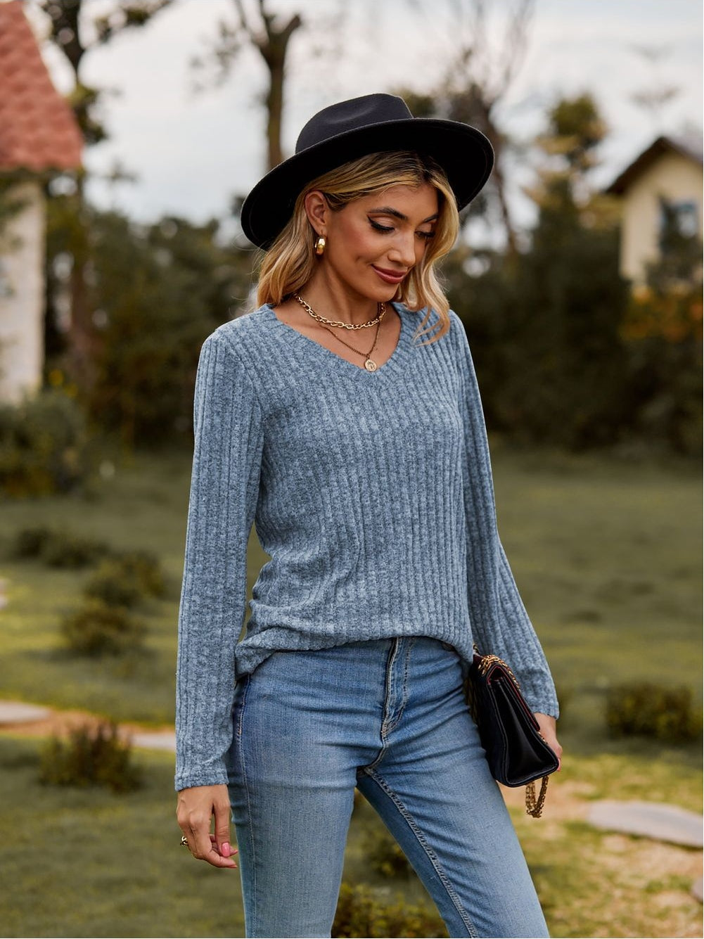 Women Ribbed V-Neck Long Sleeve Tee nicholesgifts