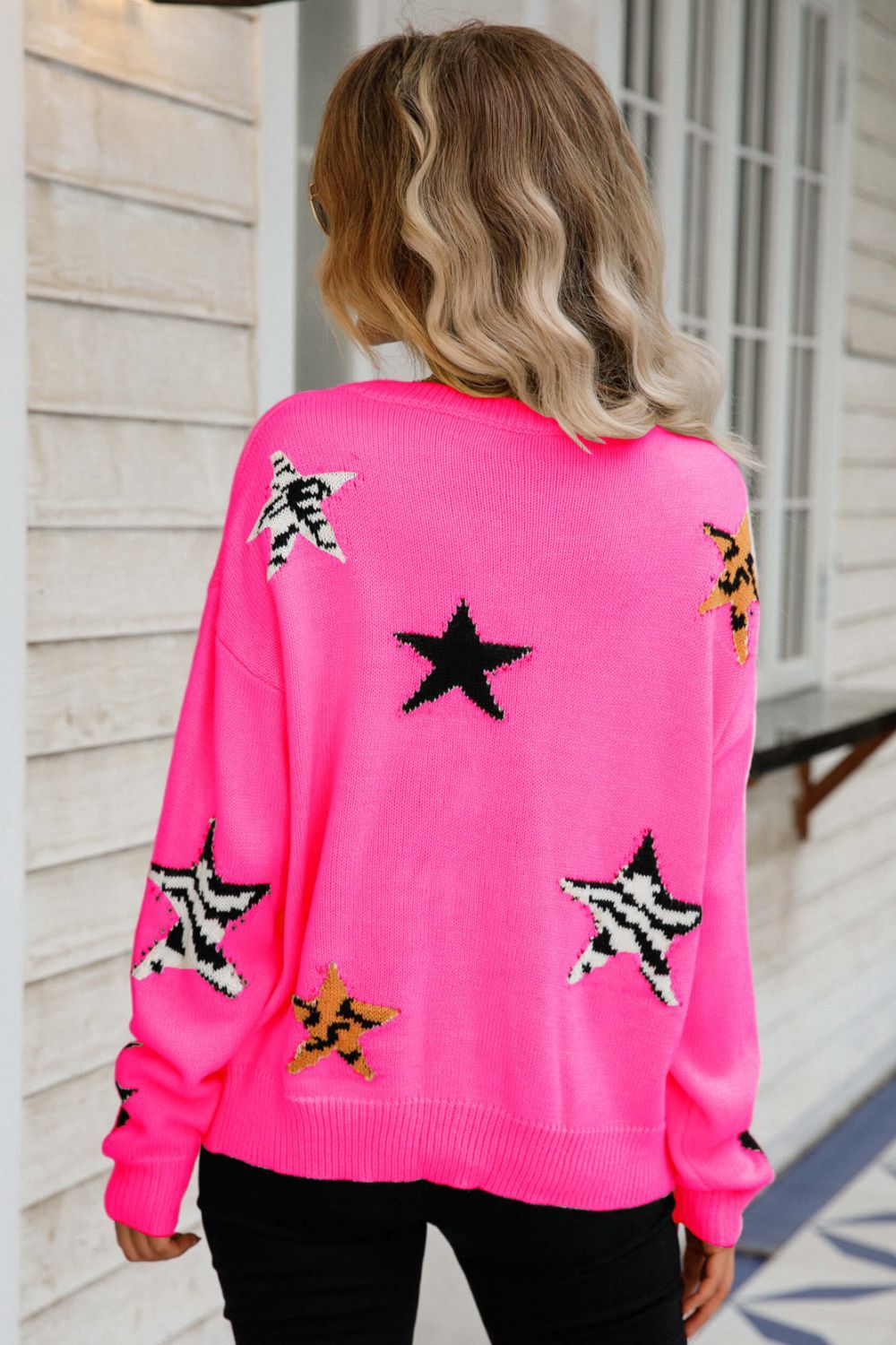 Women Star Pattern Round Neck Dropped Shoulder Sweater nicholesgifts