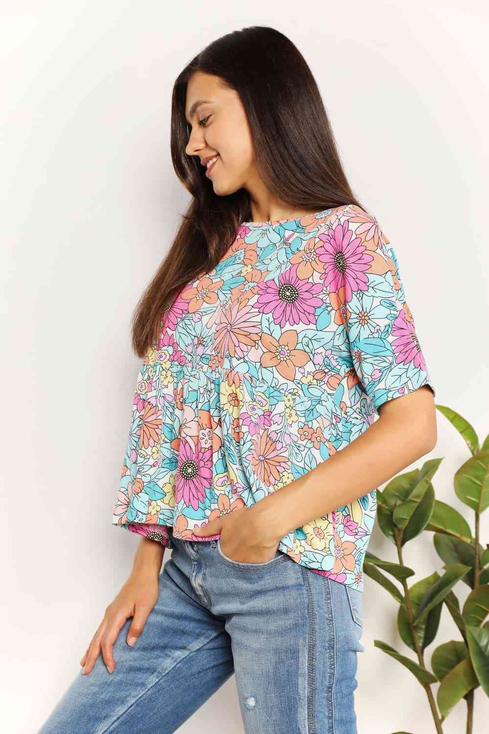 Women Double Take Floral Round Neck Babydoll Top