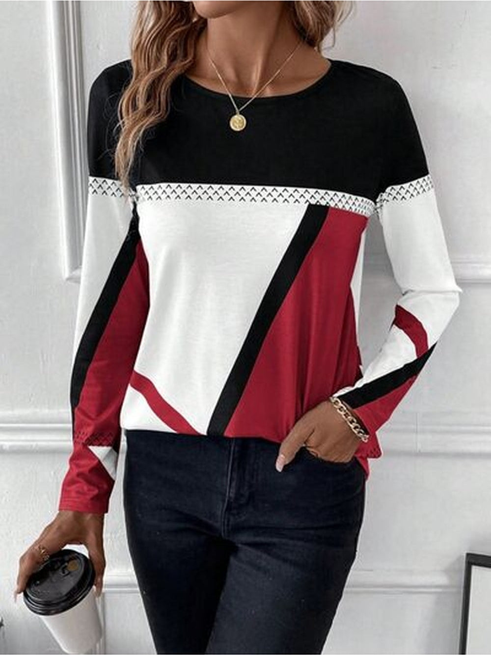 Women Contrast Round Neck Long Sleeve T-Shirt nicholesgifts