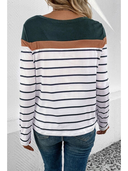 Women Striped Round Neck Long Sleeve T-Shirt nicholesgifts