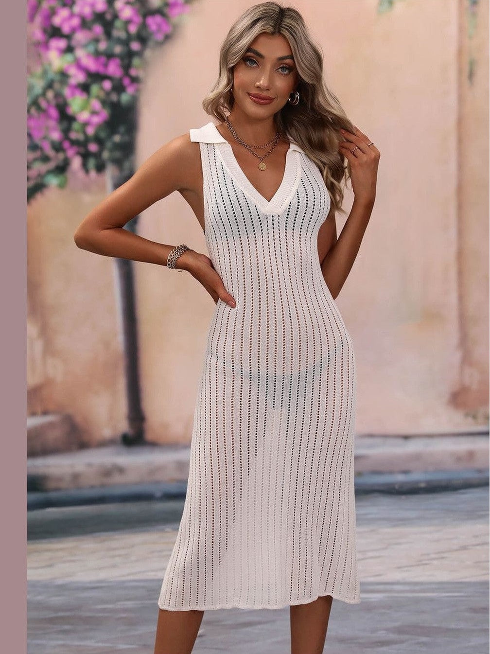 Women Openwork Johnny Collar Cover Up Dress nicholesgifts