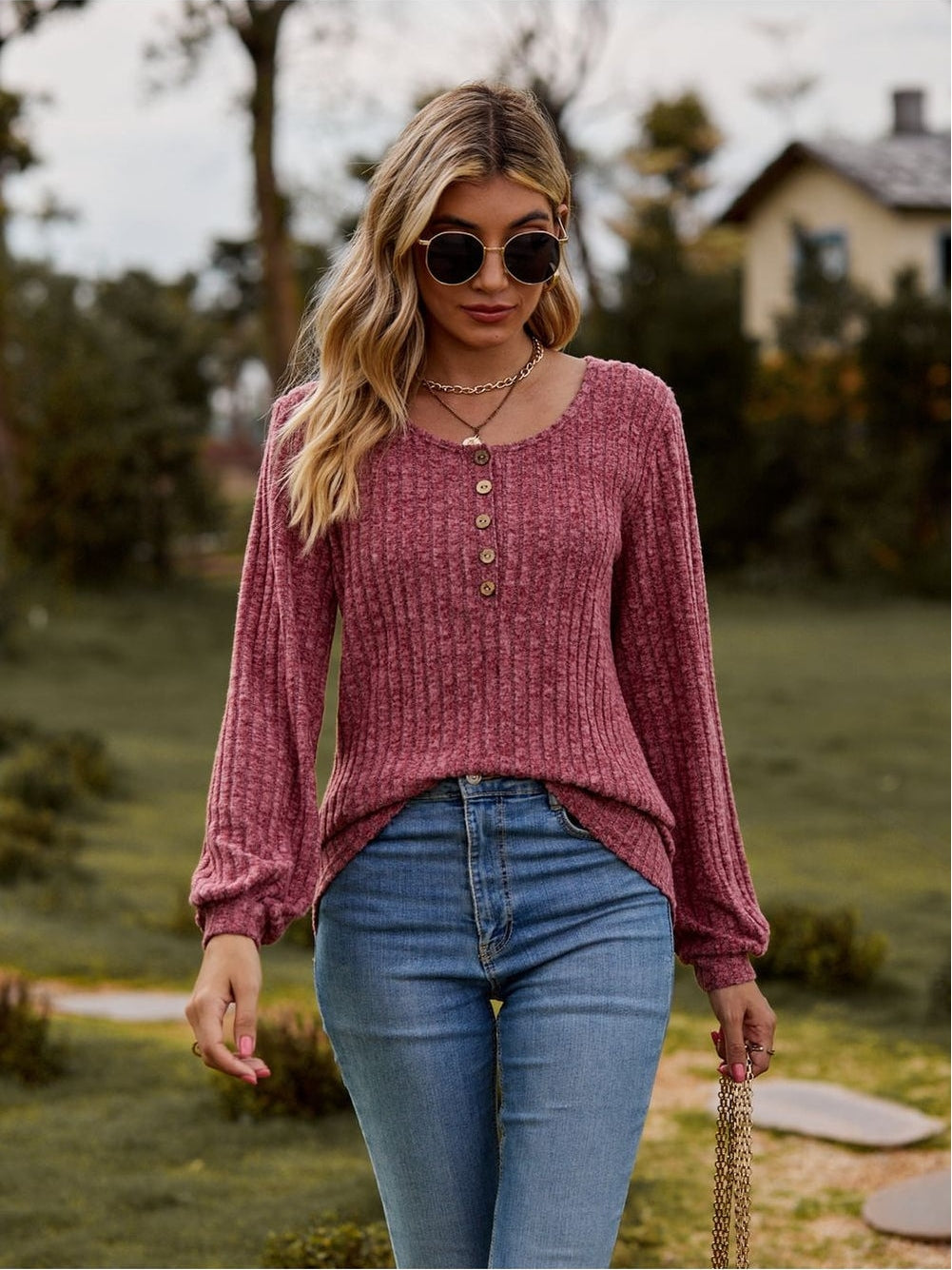 Women Round Neck Button-Down Long Sleeve Tee nicholesgifts