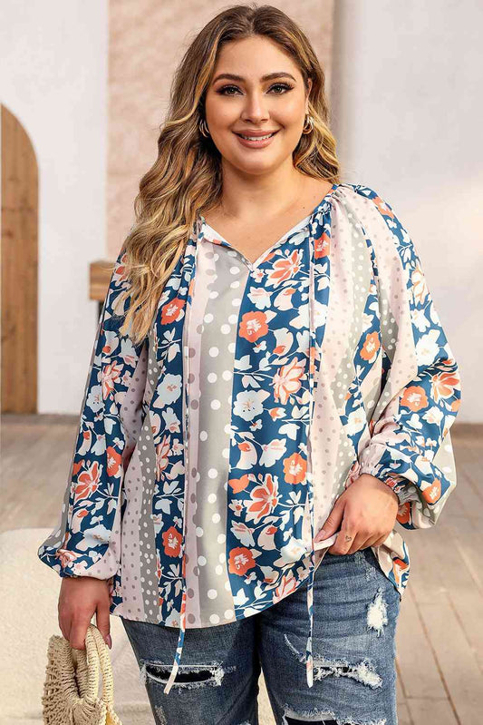 Women Plus Size Long Sleeve Floral Tie Neck Blouse nicholesgifts