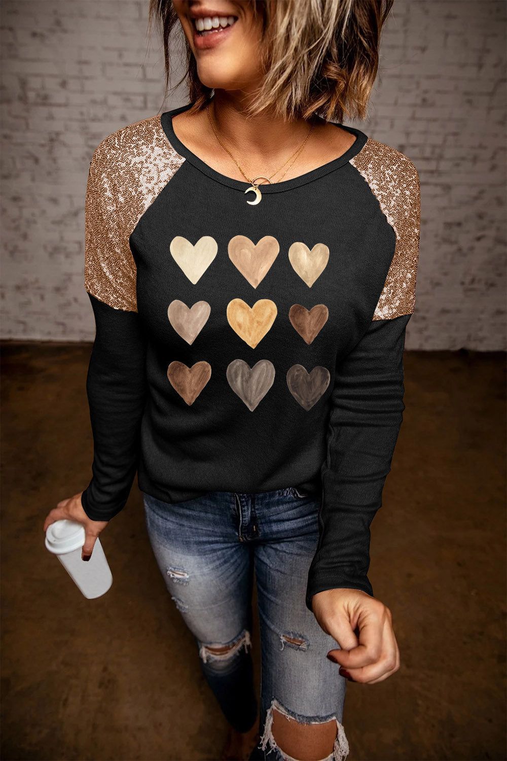 Women Contrast Sequin Heart Graphic Raglan Sleeve Top nicholesgifts