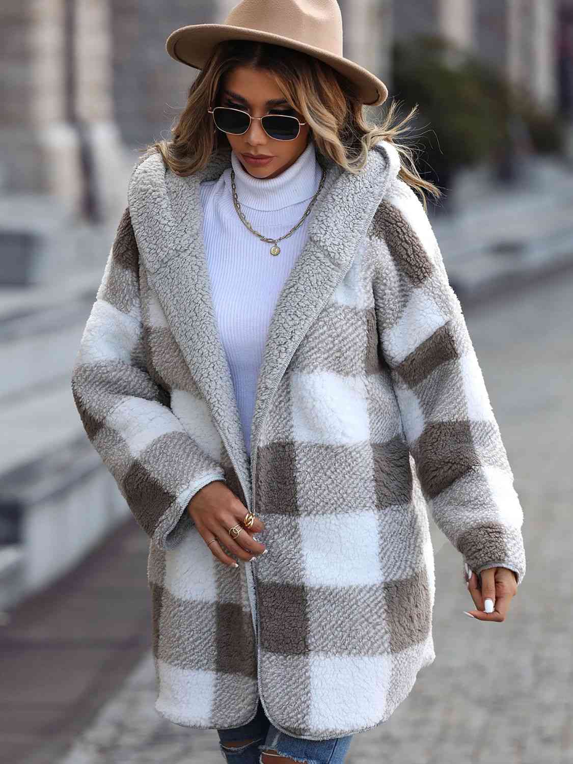 Women Plaid Open Front Hooded Coat nicholesgifts