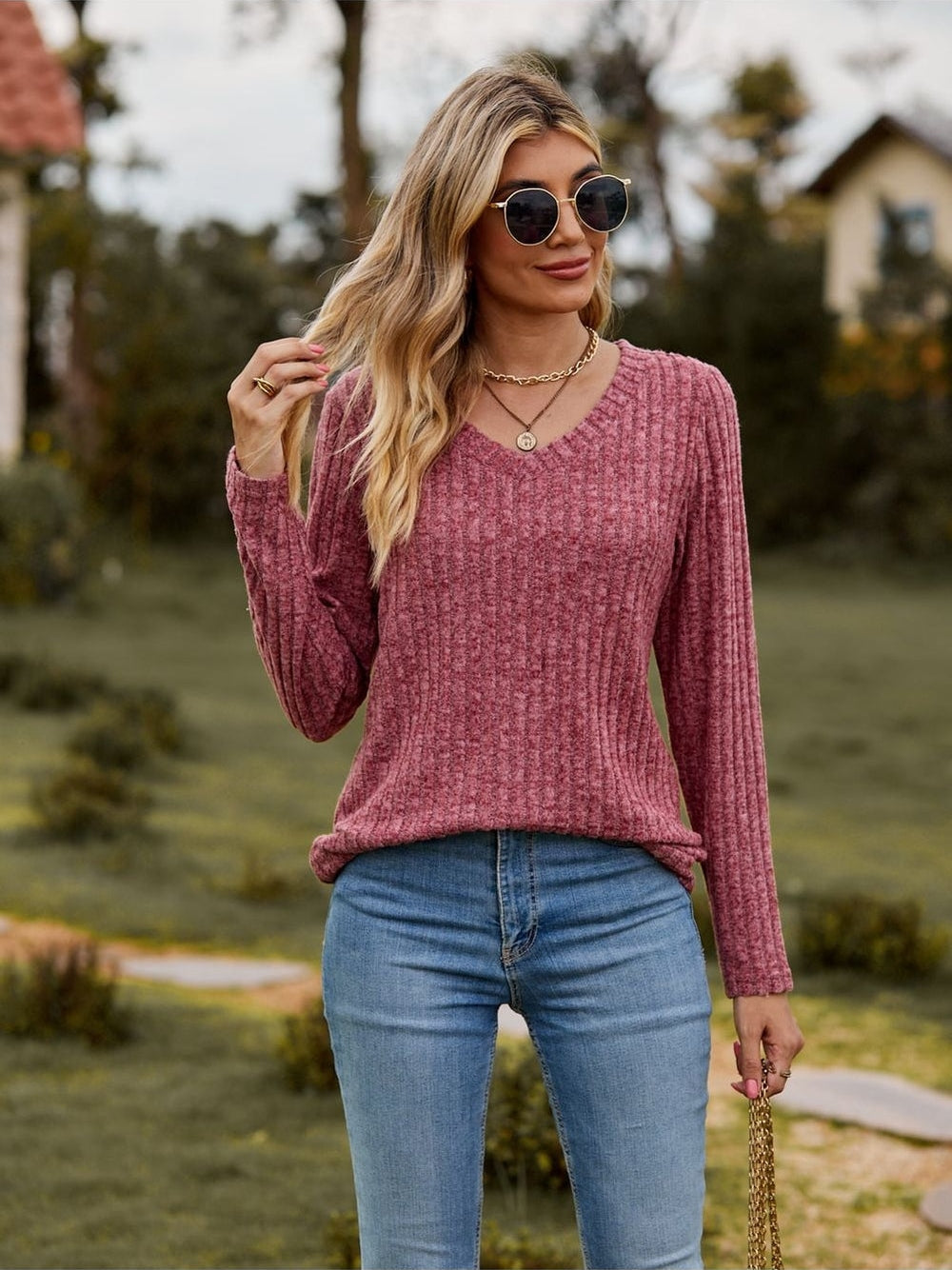 Women Ribbed V-Neck Long Sleeve Tee nicholesgifts