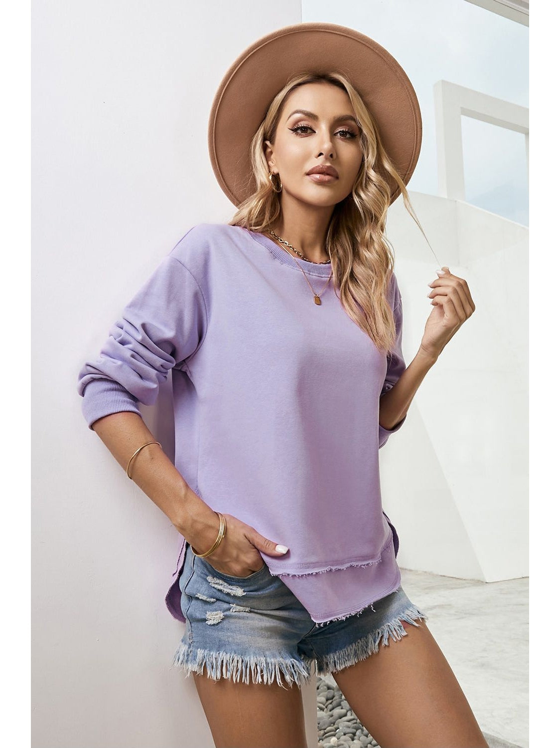 Women Side Slit Drop Shoulder Sweatshirt nicholesgifts