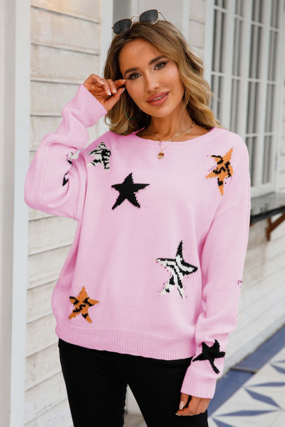 Women Star Pattern Round Neck Dropped Shoulder Sweater nicholesgifts