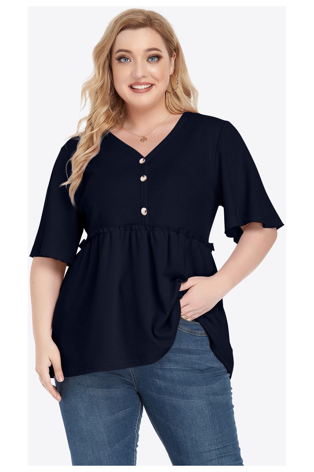 Plus Size Women Buttoned V-Neck Frill Trim Babydoll Blouse nicholesgifts