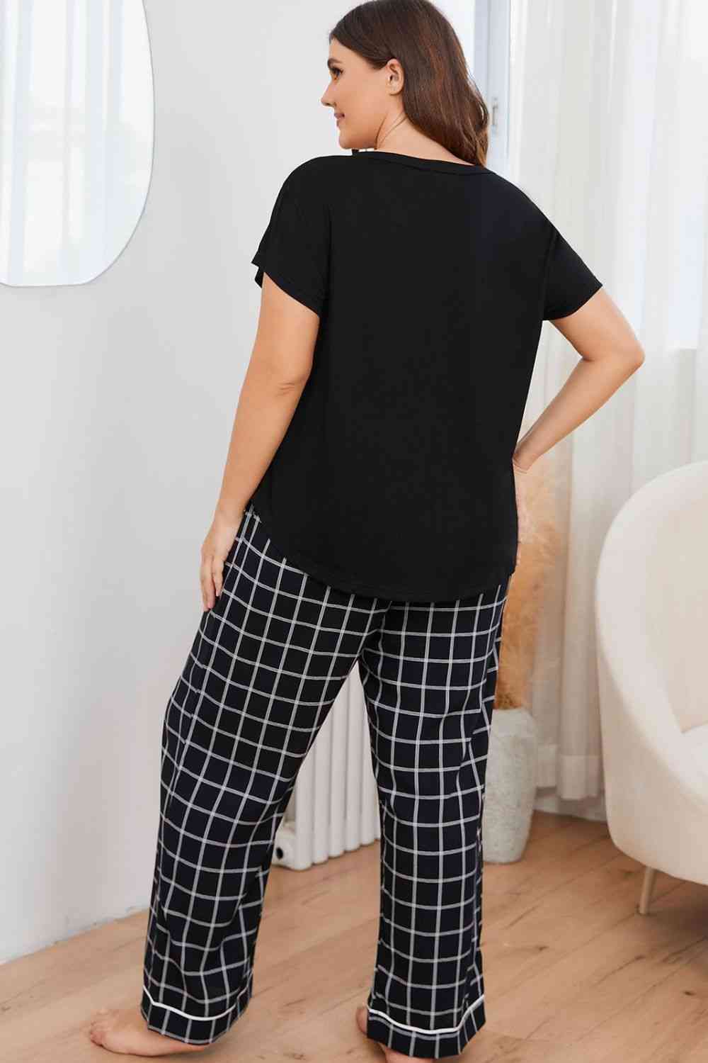 Women Plus Size V-Neck Top and Plaid Pants Lounge Set nicholesgifts