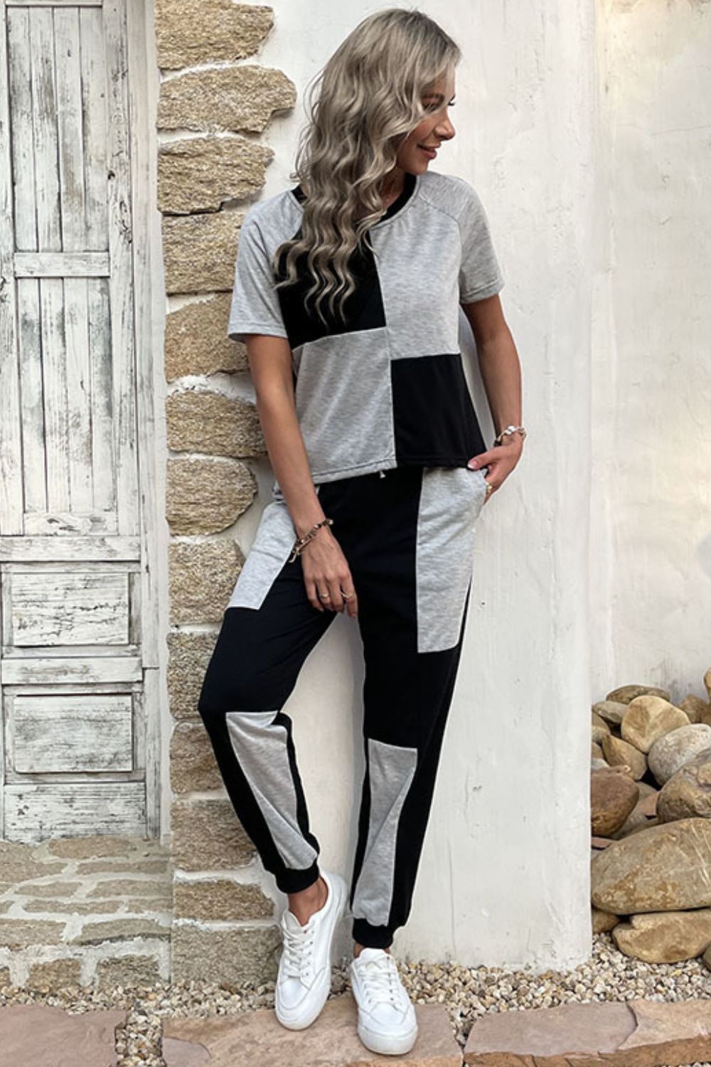 Women Color Block Raglan Sleeve Tee and Joggers Set nicholesgifts