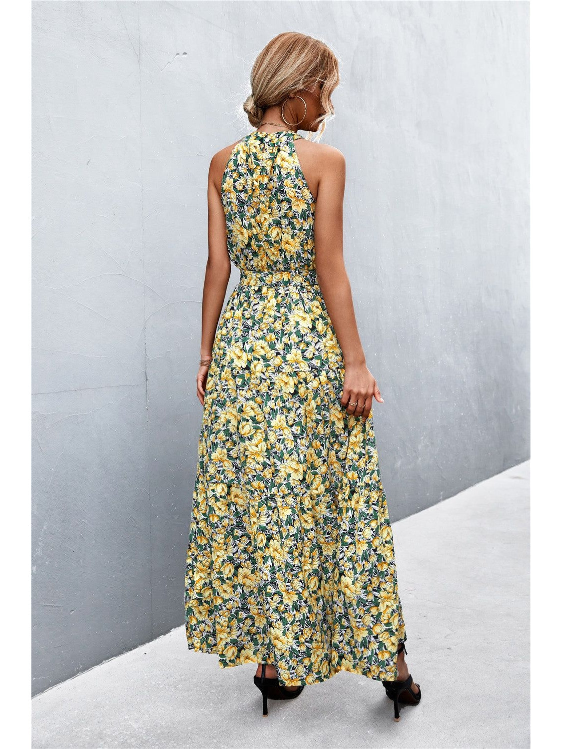 Women Printed Sleeveless Tie Waist Maxi Dress nicholesgifts