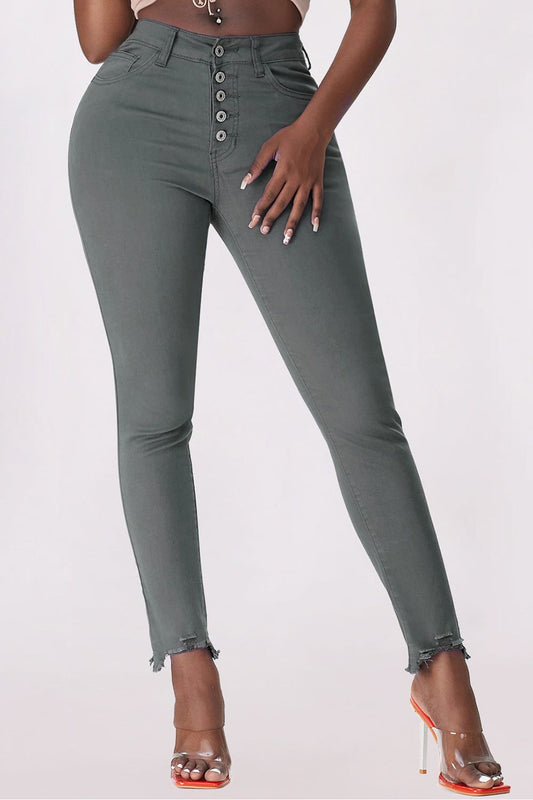Women Button Fly Hem Detail Skinny Jeans - NicholesGifts.online