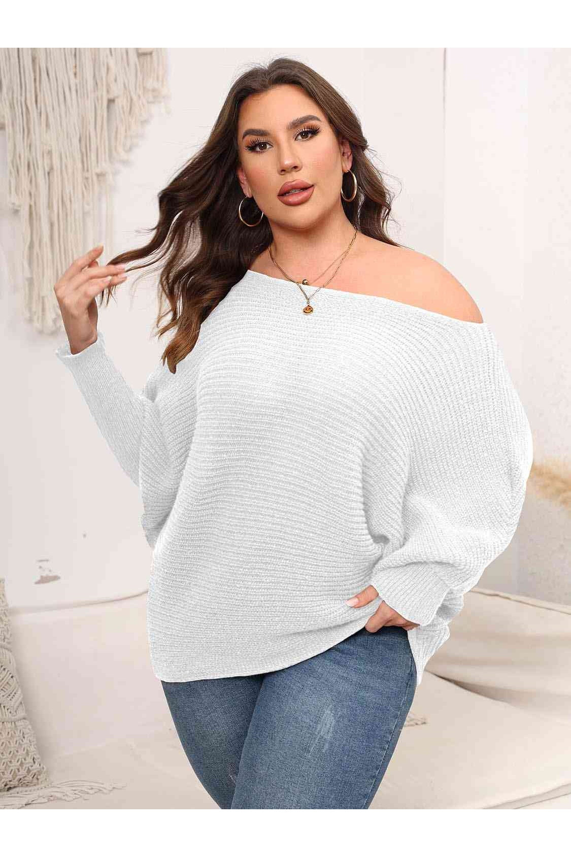 Full Size Women Boat Neck Batwing Sleeve Sweater nicholesgifts