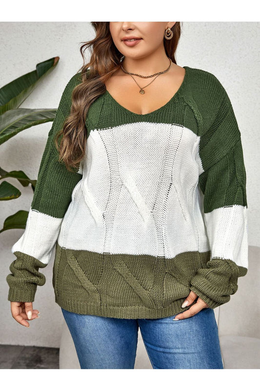 Plus Size Women Color Block Long Sleeve Moss Colored Sweater - NicholesGifts.online