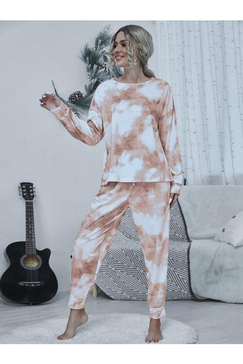 Women Tie-dye Round Neck Top and Drawstring Pants Lounge Set nicholesgifts