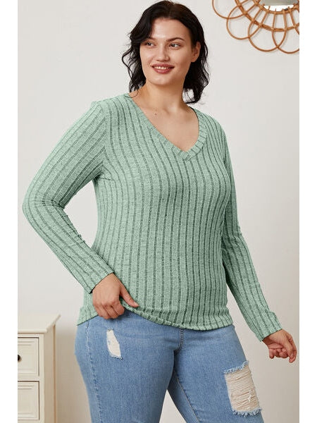 Women Basic Full Size Ribbed V-Neck Long Sleeve T-Shirt nicholesgifts