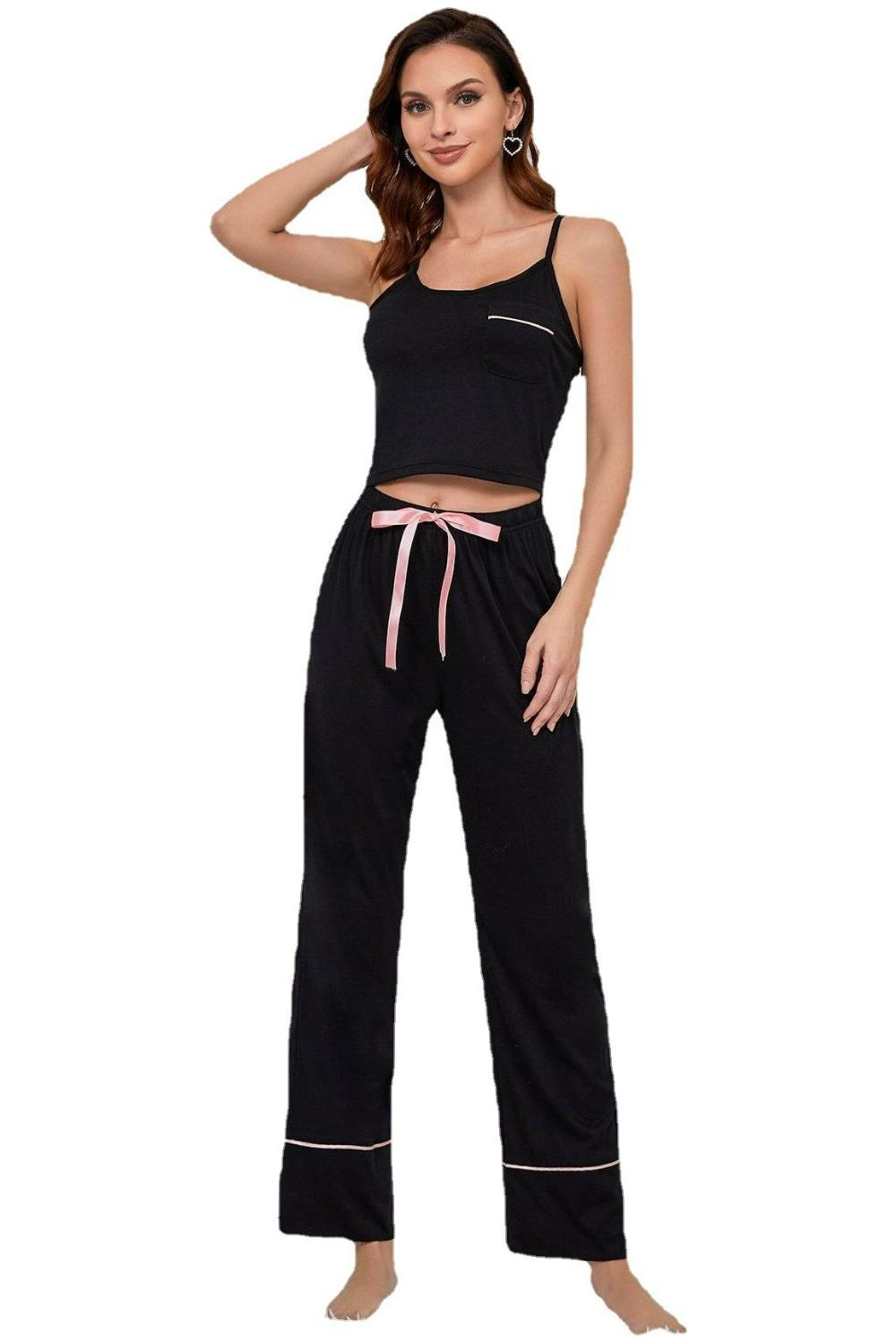 Women Contrast Trim Cropped Cami and Pants Loungewear Set nicholesgifts