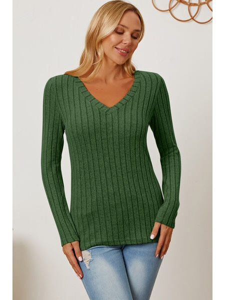 Women Basic Full Size Ribbed V-Neck Long Sleeve T-Shirt nicholesgifts