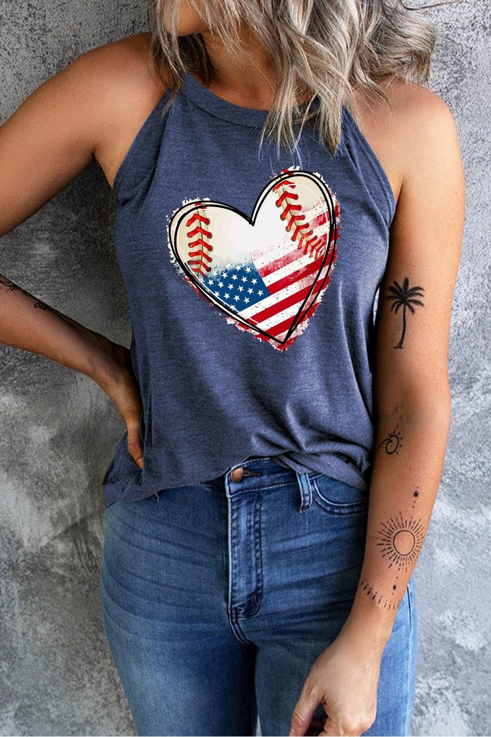 Women US Flag Heart Graphic Tank nicholesgifts