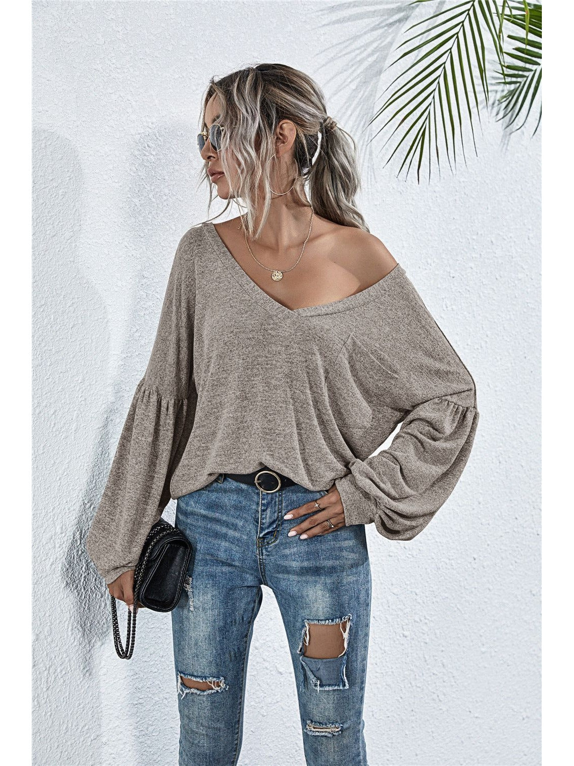 Women V-Neck Long Sleeve Dropped Shoulder Knit Top nicholesgifts