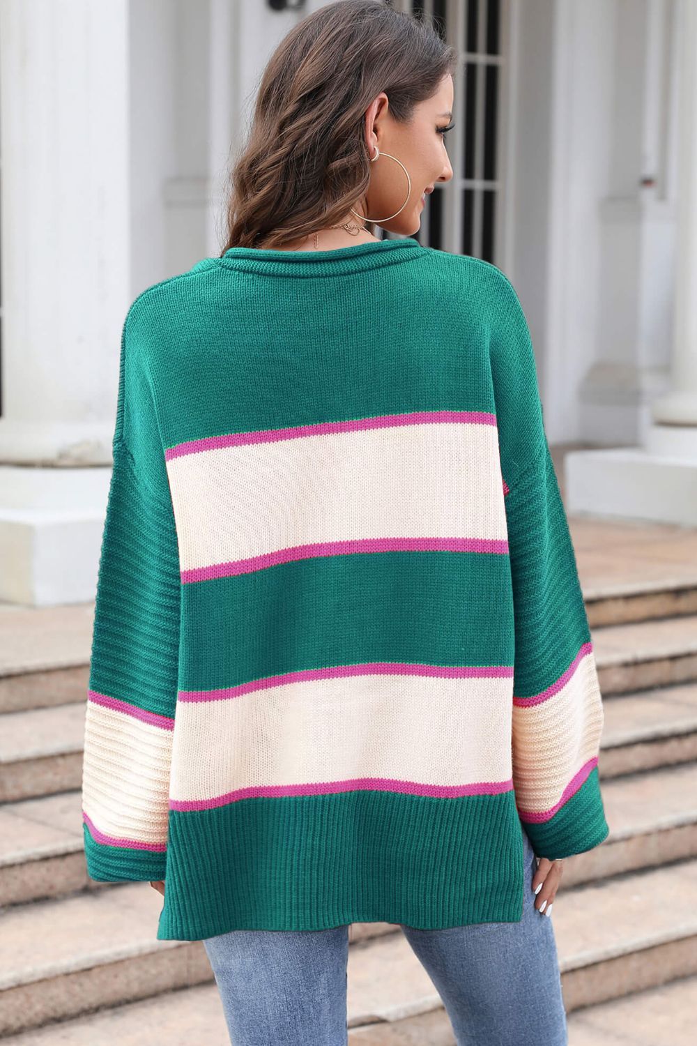 Women Striped Dropped Shoulder Side Slit Sweater nicholesgifts