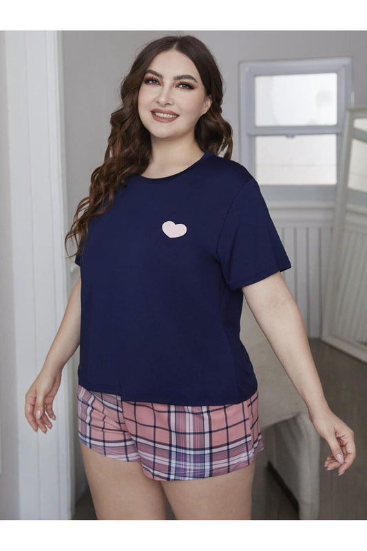 Plus Size Women Heart Graphic Top and Plaid Shorts Loungewear Set
