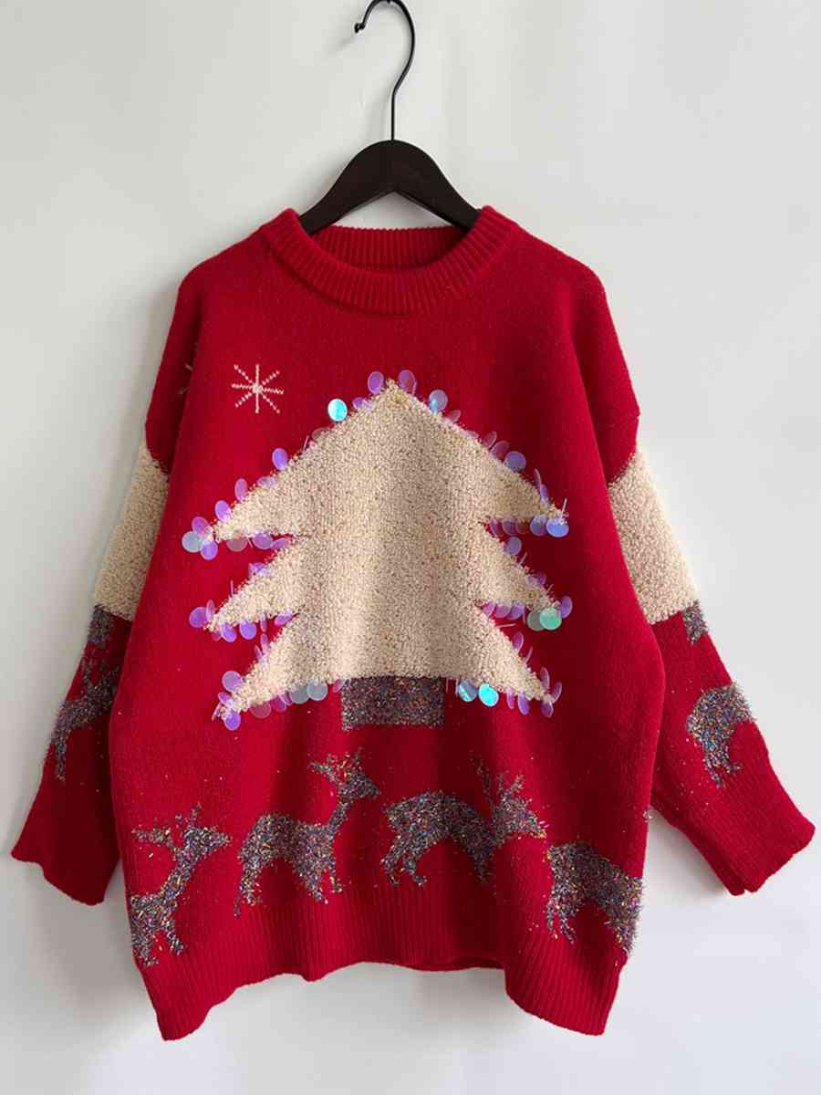 Women Sequin Christmas Tree & Reindeer Round Neck Sweater