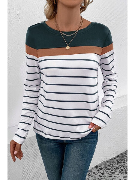 Women Striped Round Neck Long Sleeve T-Shirt nicholesgifts