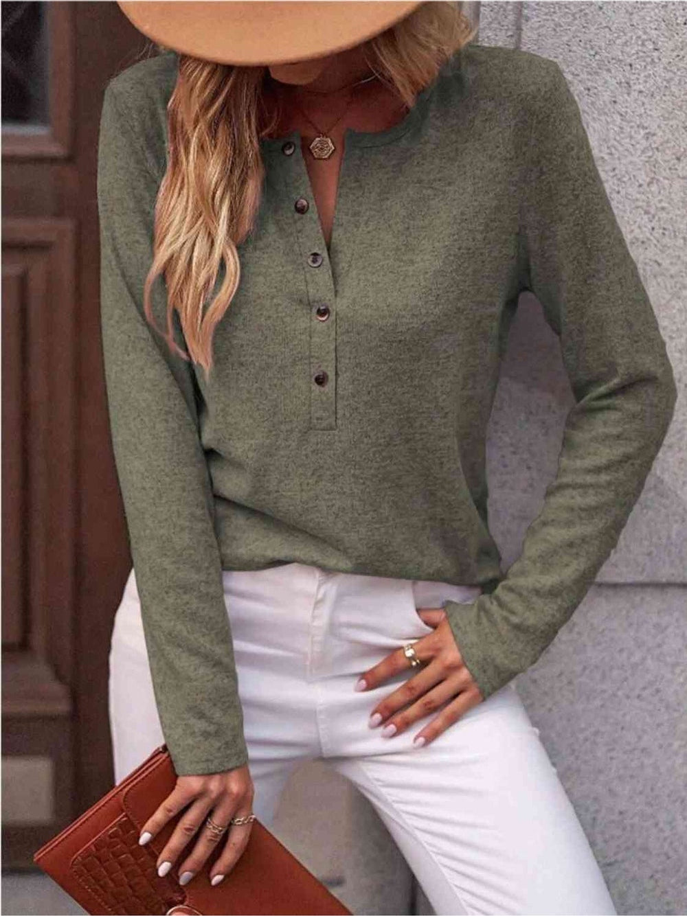 Women Round Neck Buttoned Long Sleeve T-Shirt nicholesgifts