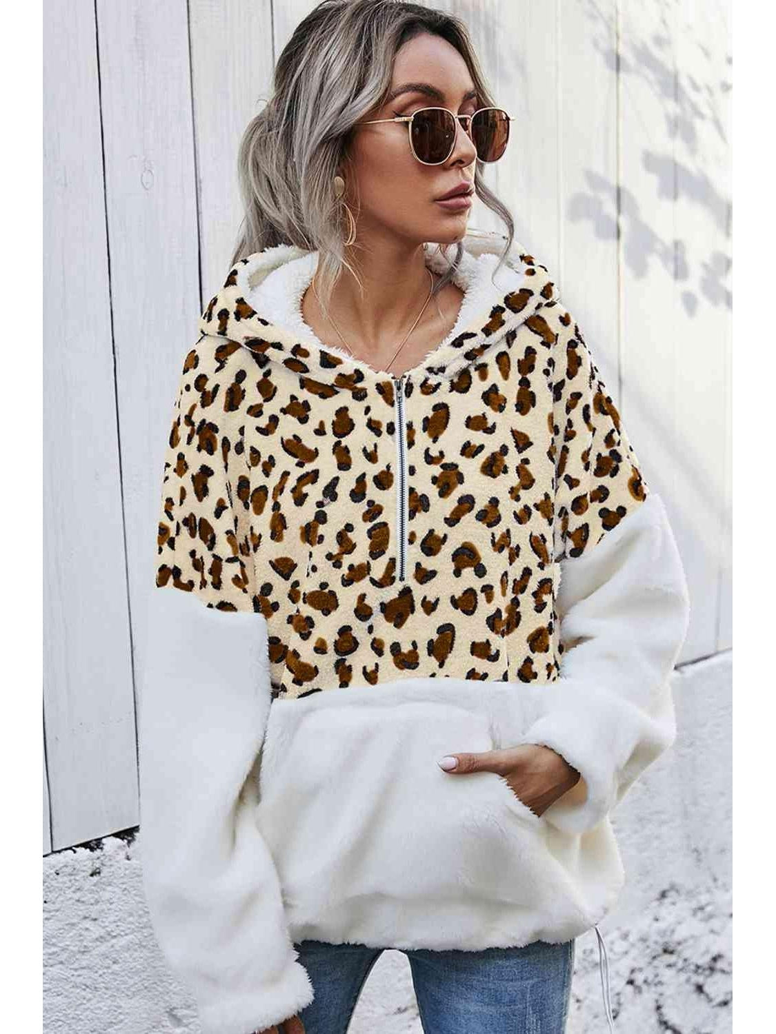 Women Leopard Half-Zip Dropped Shoulder Hoodie nicholesgifts