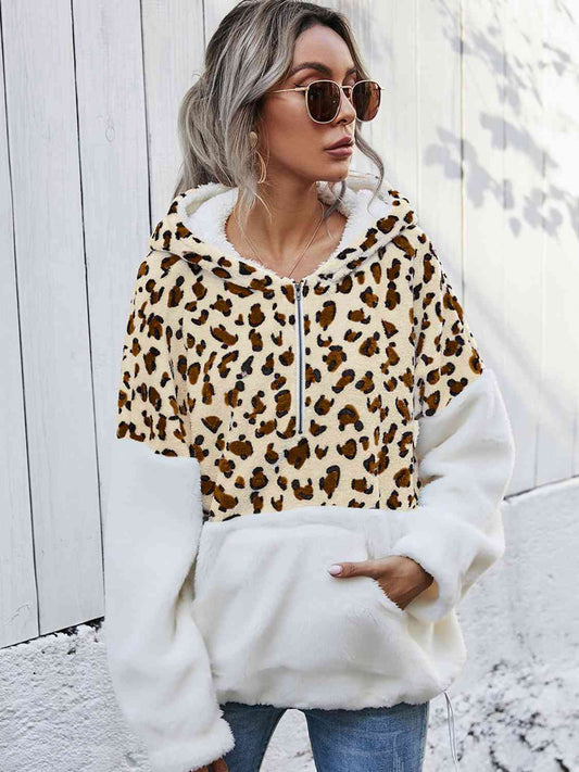 Women Leopard Half-Zip Dropped Shoulder Hoodie