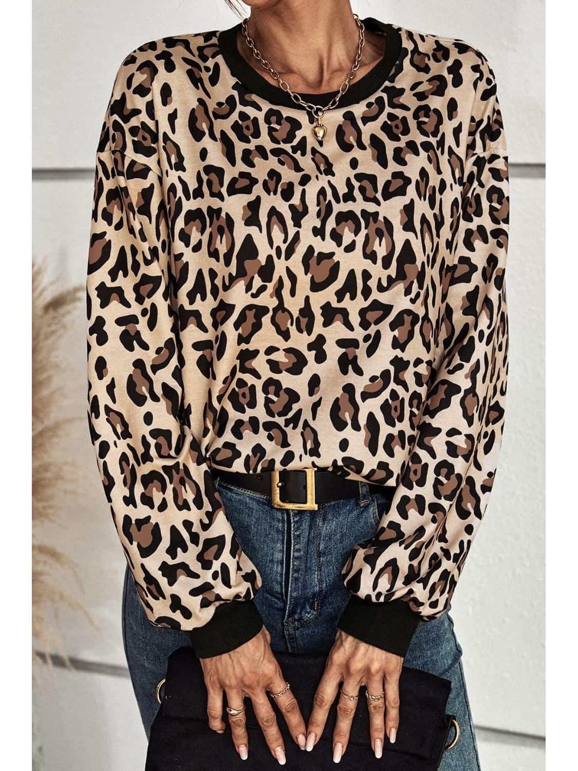 Women Leopard Round Neck Dropped Shoulder Sweatshirt nicholesgifts