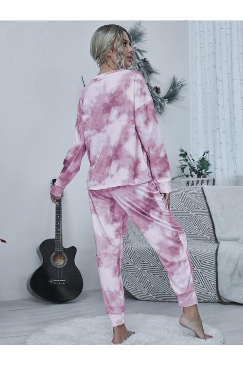 Women Tie-dye Round Neck Top and Drawstring Pants Lounge Set nicholesgifts