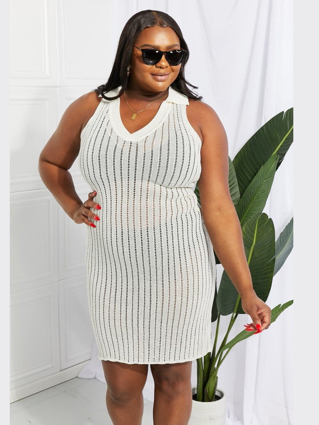 Women Openwork Johnny Collar Cover Up Dress nicholesgifts