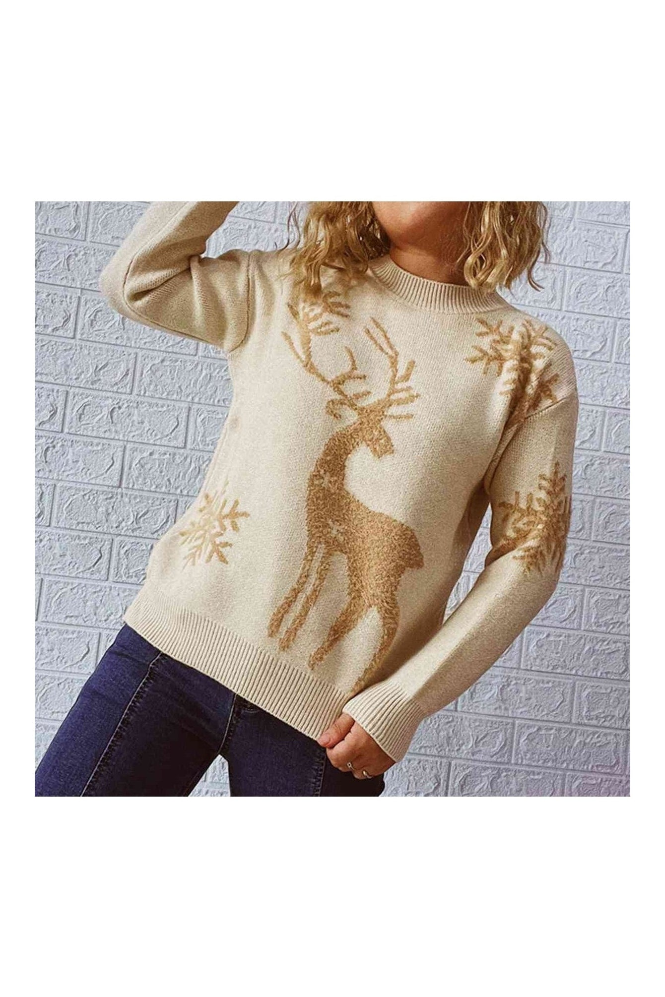 Women Reindeer and Snowflake Pattern Christmas Sweater nicholesgifts