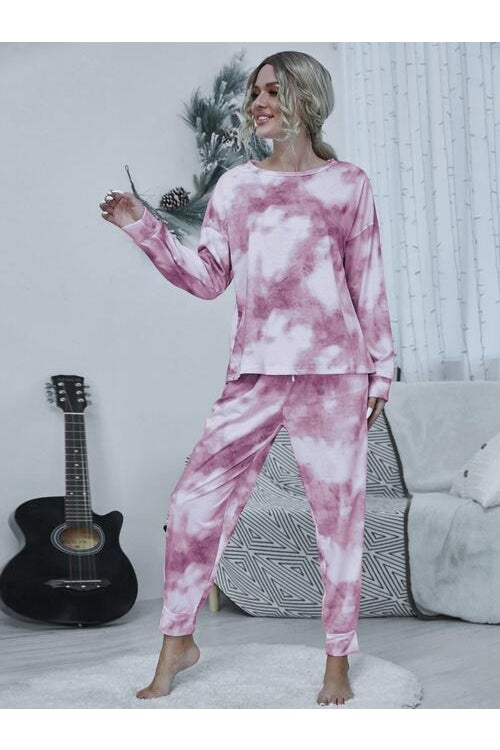 Women Tie-dye Round Neck Top and Drawstring Pants Lounge Set nicholesgifts