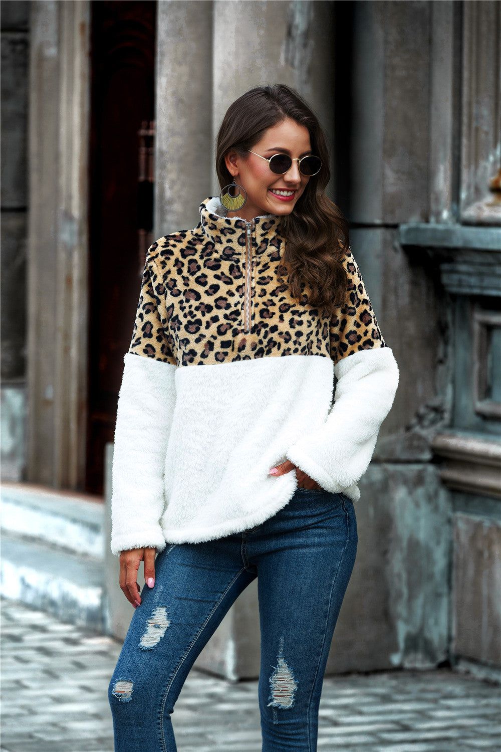 Women White Leopard Color Block Half-Zip Collar Teddy Long Sleeve Sweatshirt - NicholesGifts.online