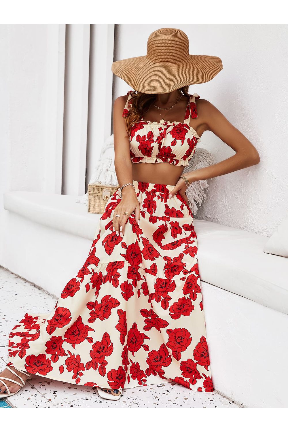 Women Floral Tie Shoulder Top and Tiered Maxi Skirt Set nicholesgifts