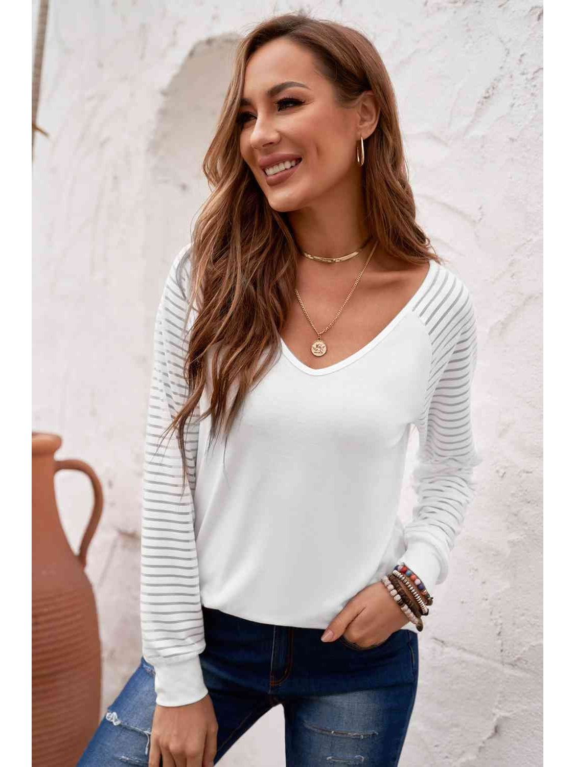 Women Sheer Striped V-Neck Top nicholesgifts