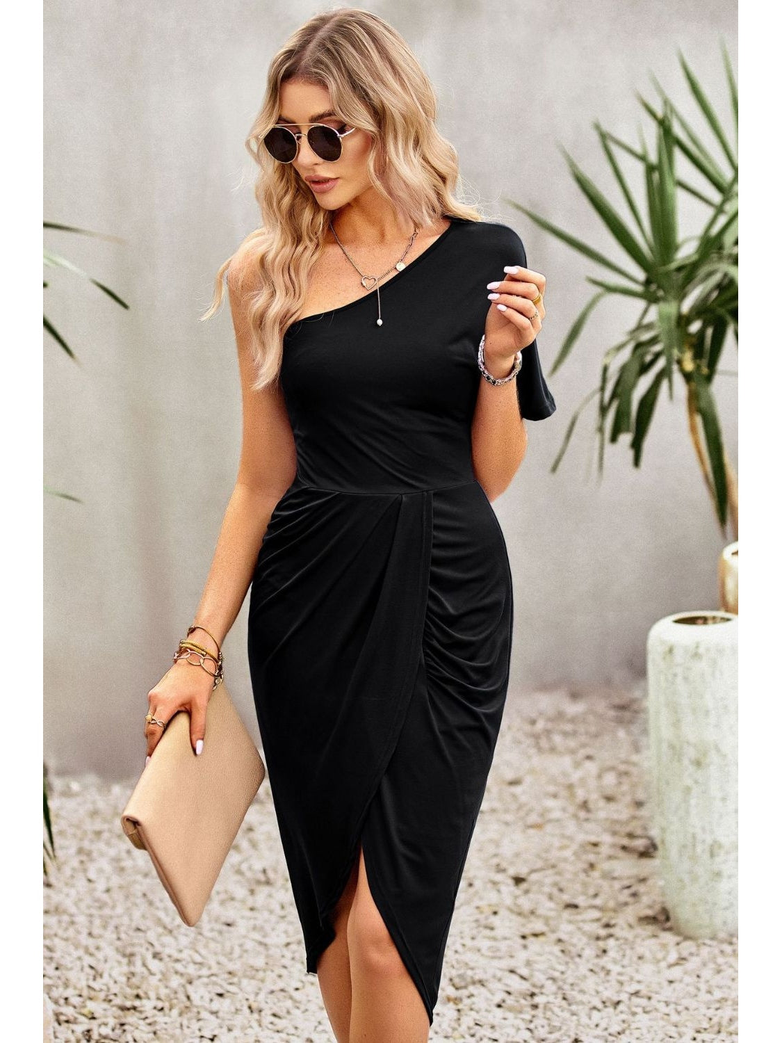 Women Ruched One-Shoulder Tulip Hem Dress nicholesgifts