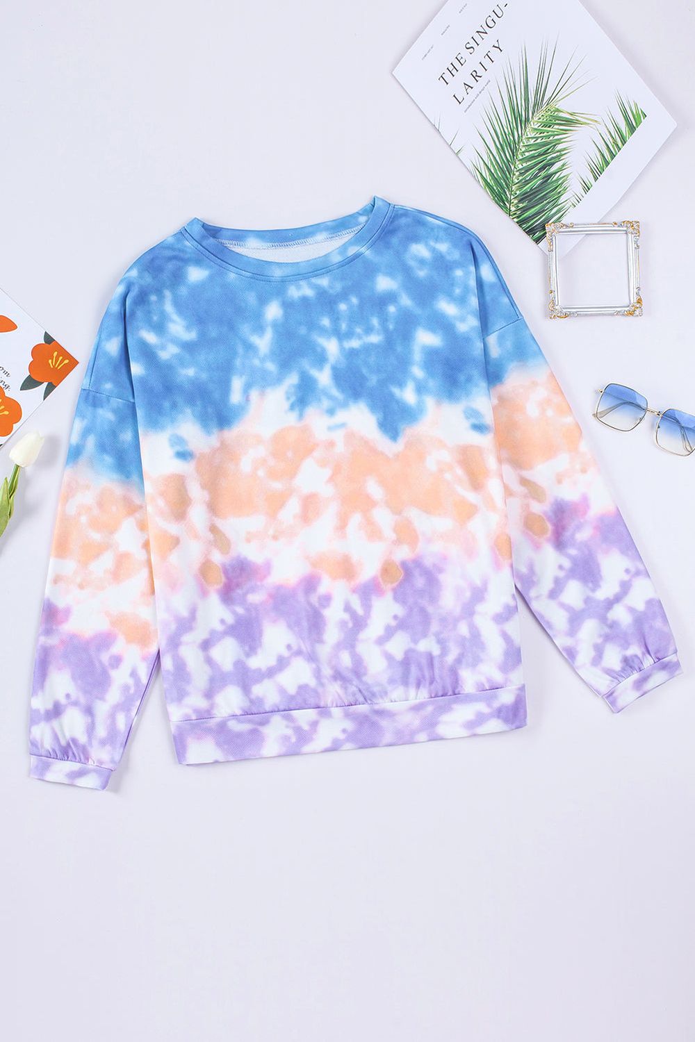 Women Tie-Dye Drop Shoulder Round Neck Sweatshirt nicholesgifts