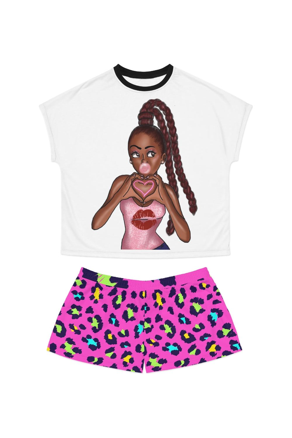 African American Girl with Braided Hair Hand Heart Pink Leopard Shorts Pajama Set - NicholesGifts.online