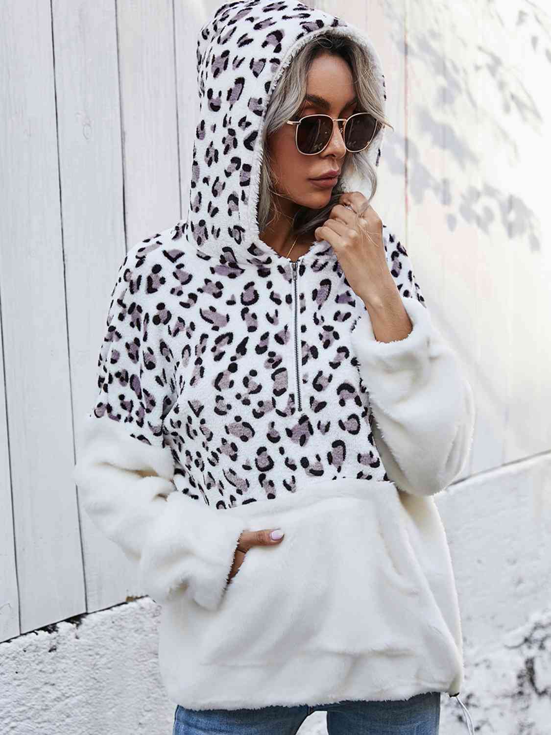 Women Leopard Half-Zip Dropped Shoulder Hoodie nicholesgifts