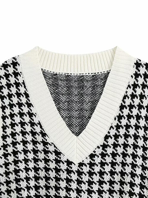 Women Houndstooth V-Neck Sweater Vest nicholesgifts